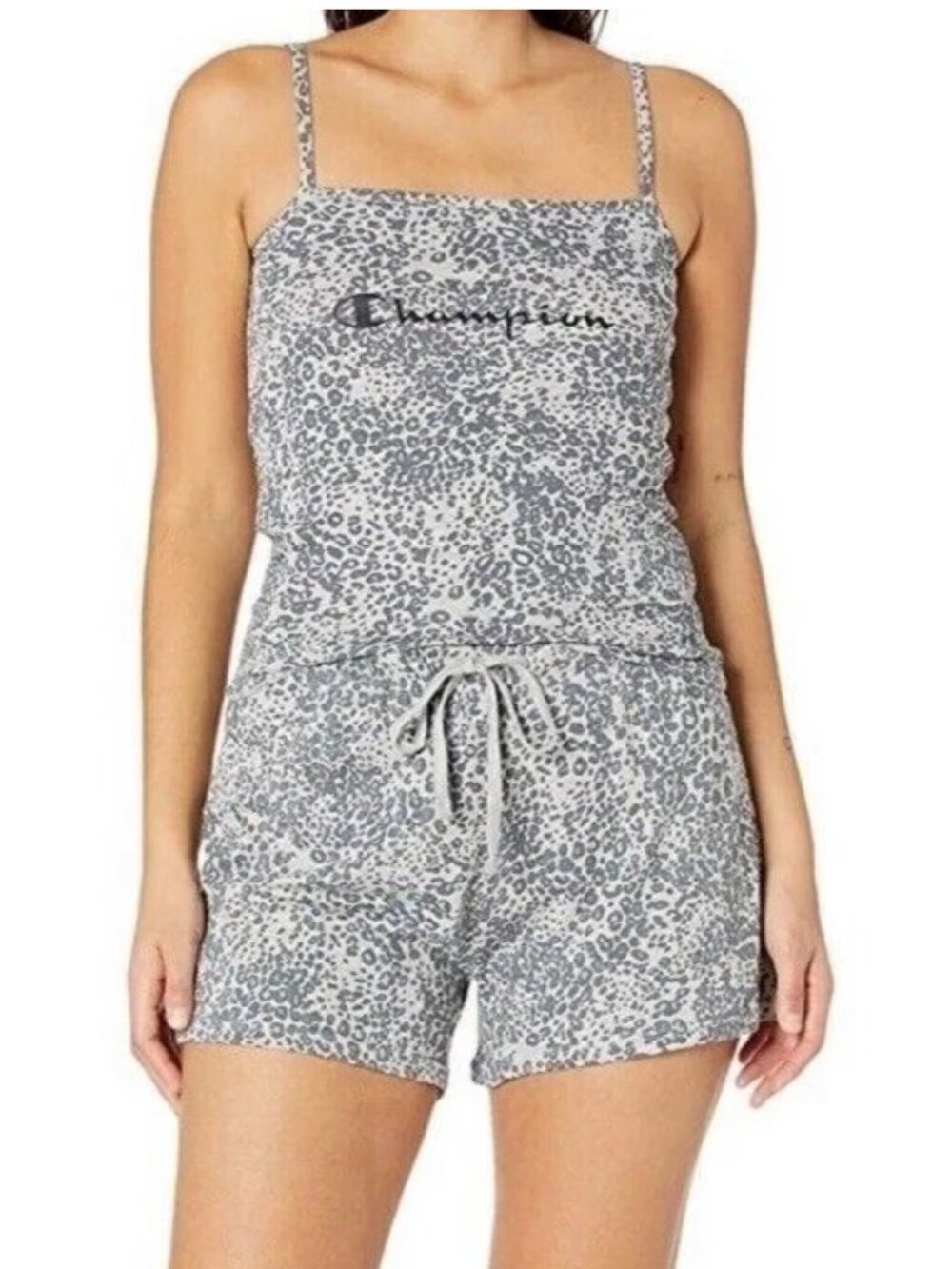 Champion Women's 2-Piece Cami & Shorts Lounge Pajama Set, Gray Leopard, Large